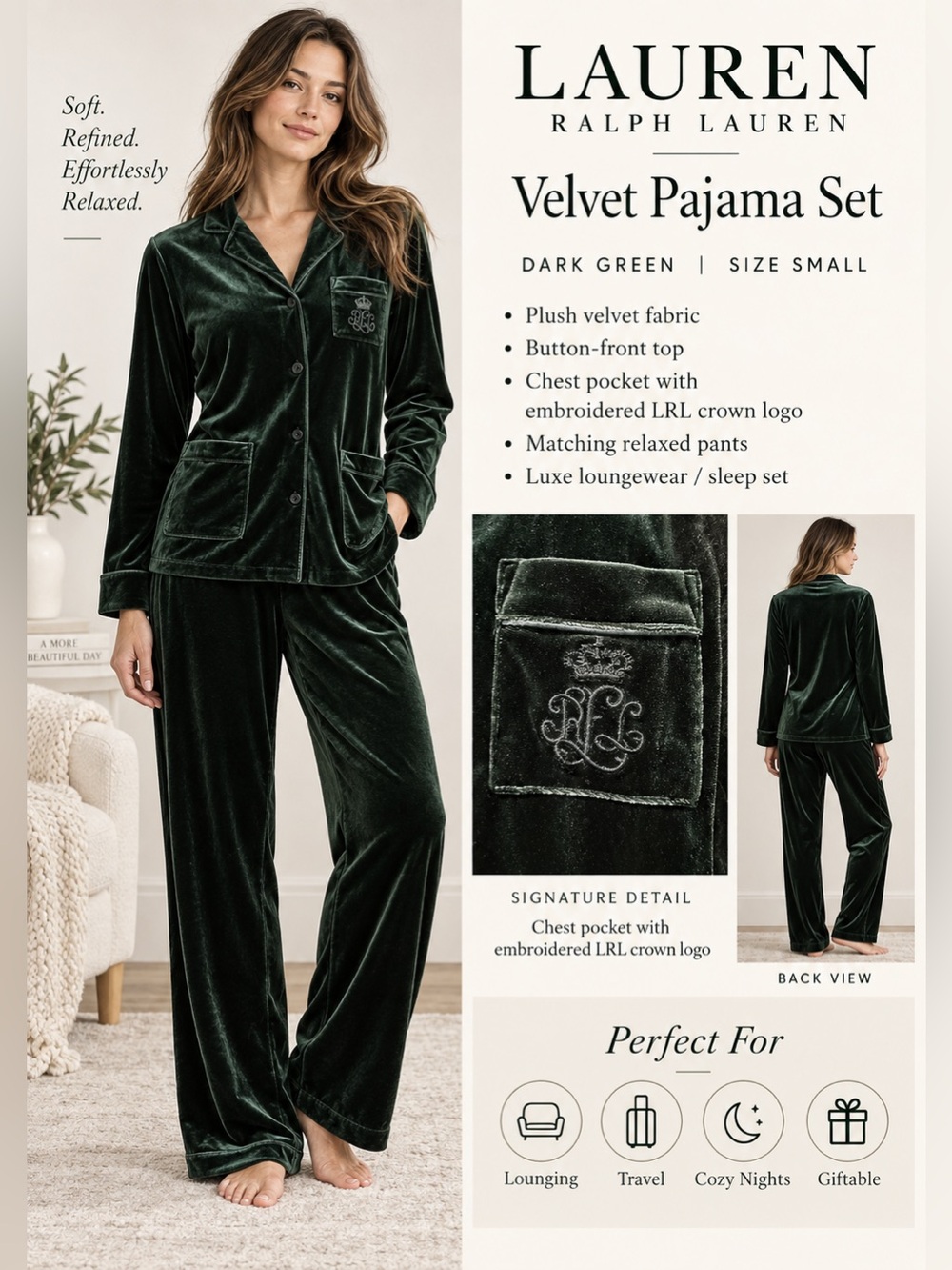 Lauren Ralph Lauren Dark Green Velvet Pajama Set Size Small NWOT